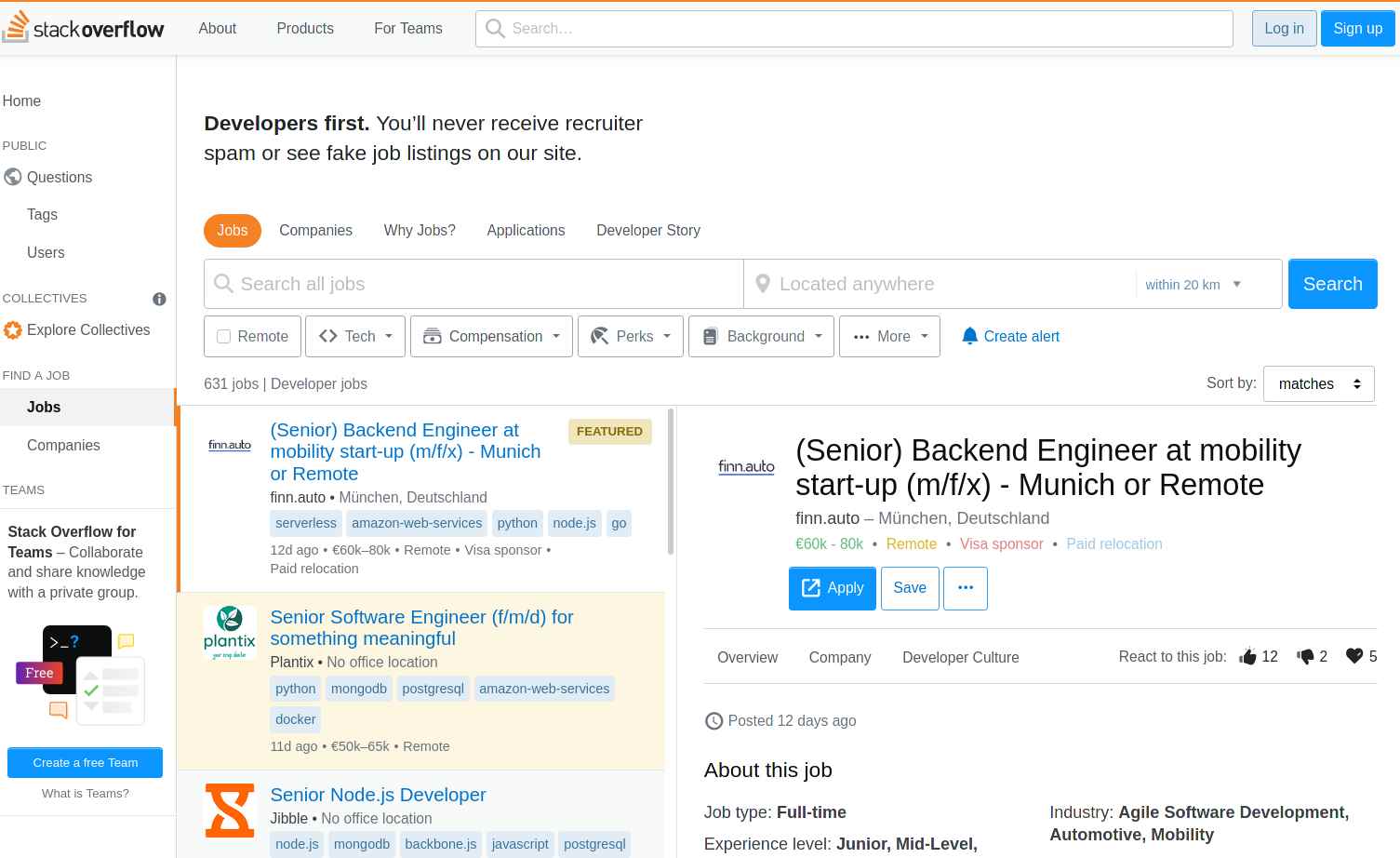 stackoverflow jobs web interface